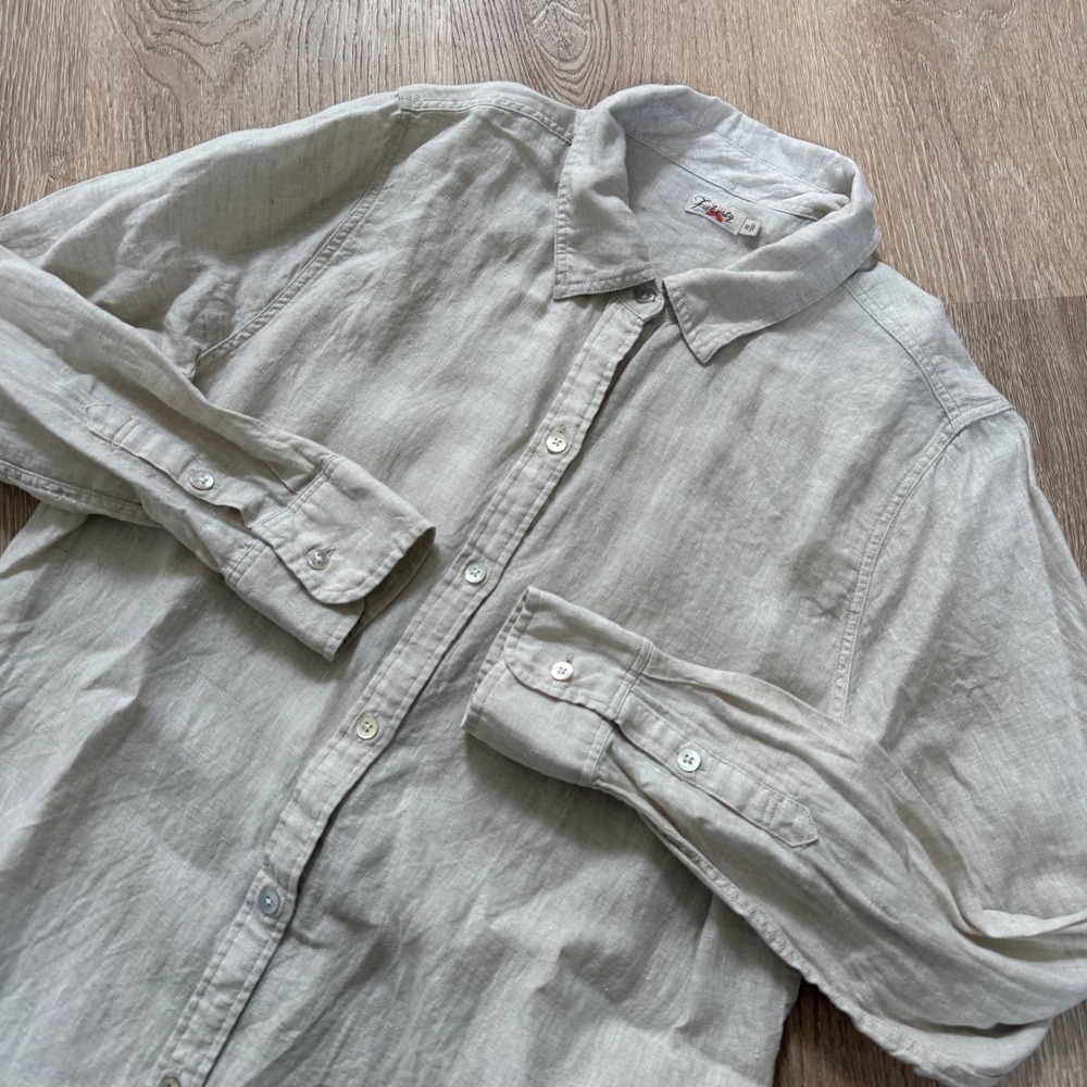 Faherty‎ Linen Button Front Shirt Dress Womens Medium Beige Long Sleeve Casual
